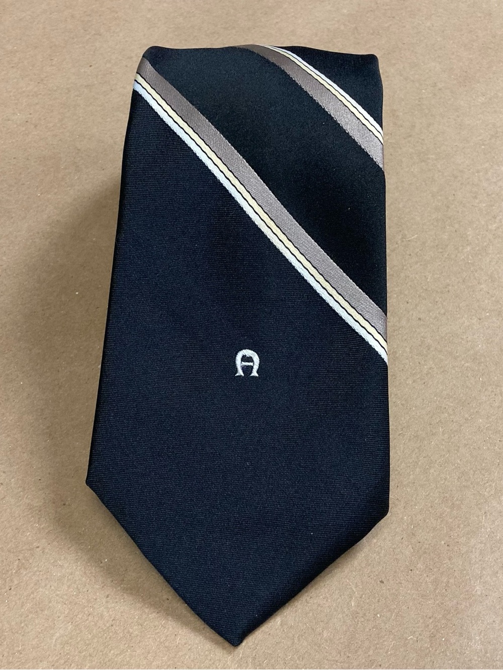 Etienne Aigner Black Striped Neck Tie Embroidered Logo Classic Mens Tie